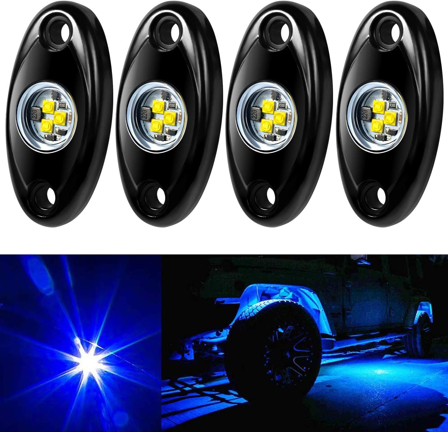 Aukmak 4 Pods LED Rock Light Kit for Jeep ATV SUV Offroad Car Truck Boat Underbody Glow Trail Rig Lamp Underglow LED Neon Lights Waterproof - Blue