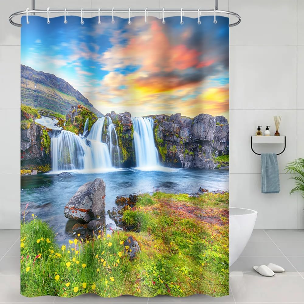 Waterfall Shower Curtain Spring Natural Scenery Mountain Lake Green Grassland Bathroom Decoration Waterproof Fabric Modern Bath Accessories Set with Hooks, 72x72 Inch