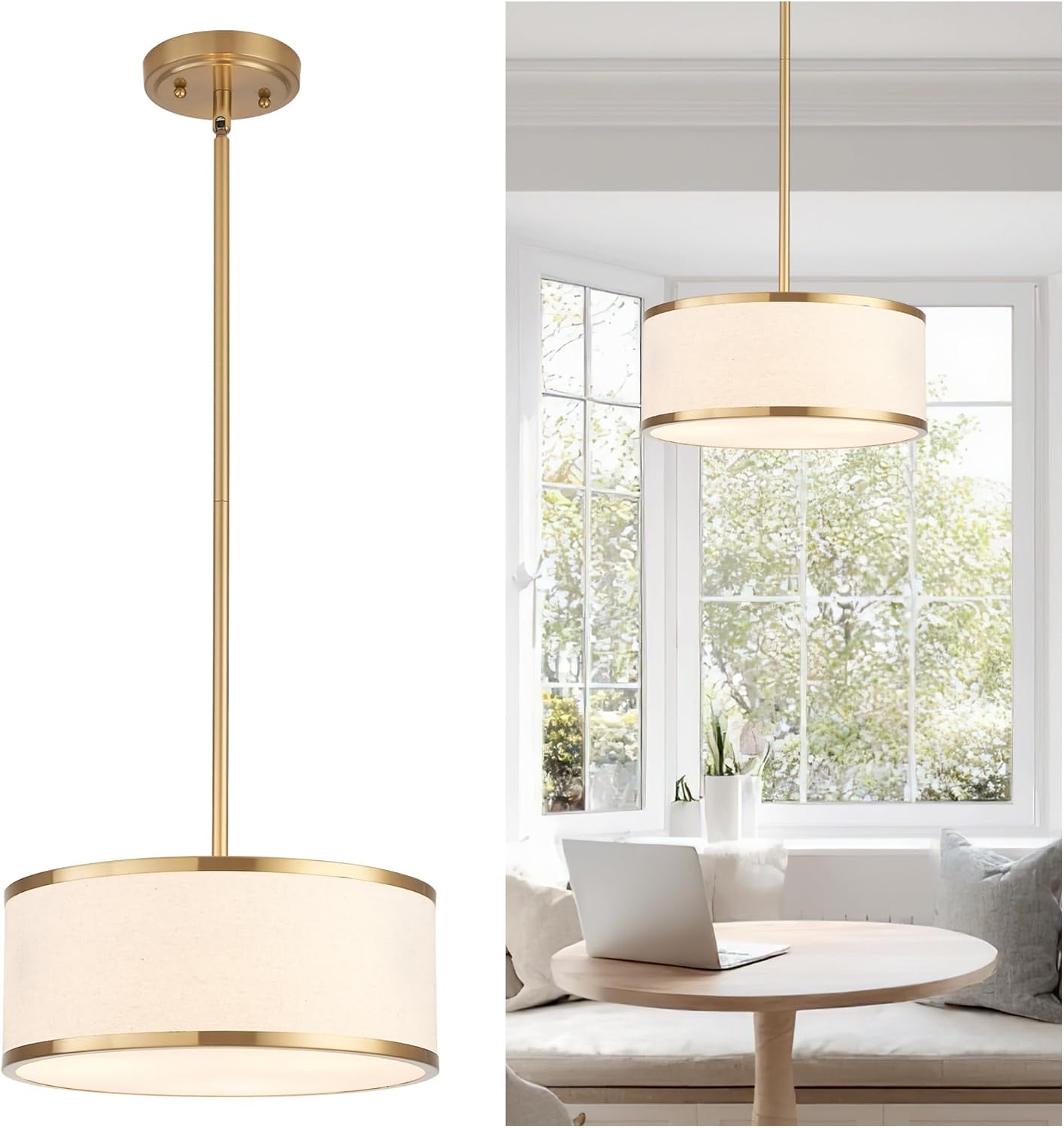 12.6" Drum Pendant Light Fixture 3-Light Gold Drum Chandelier with Fabric Shade, Dining Room Light Fixtures Over Table for Kitchen Island Bedroom Living Room, Adjustable Height