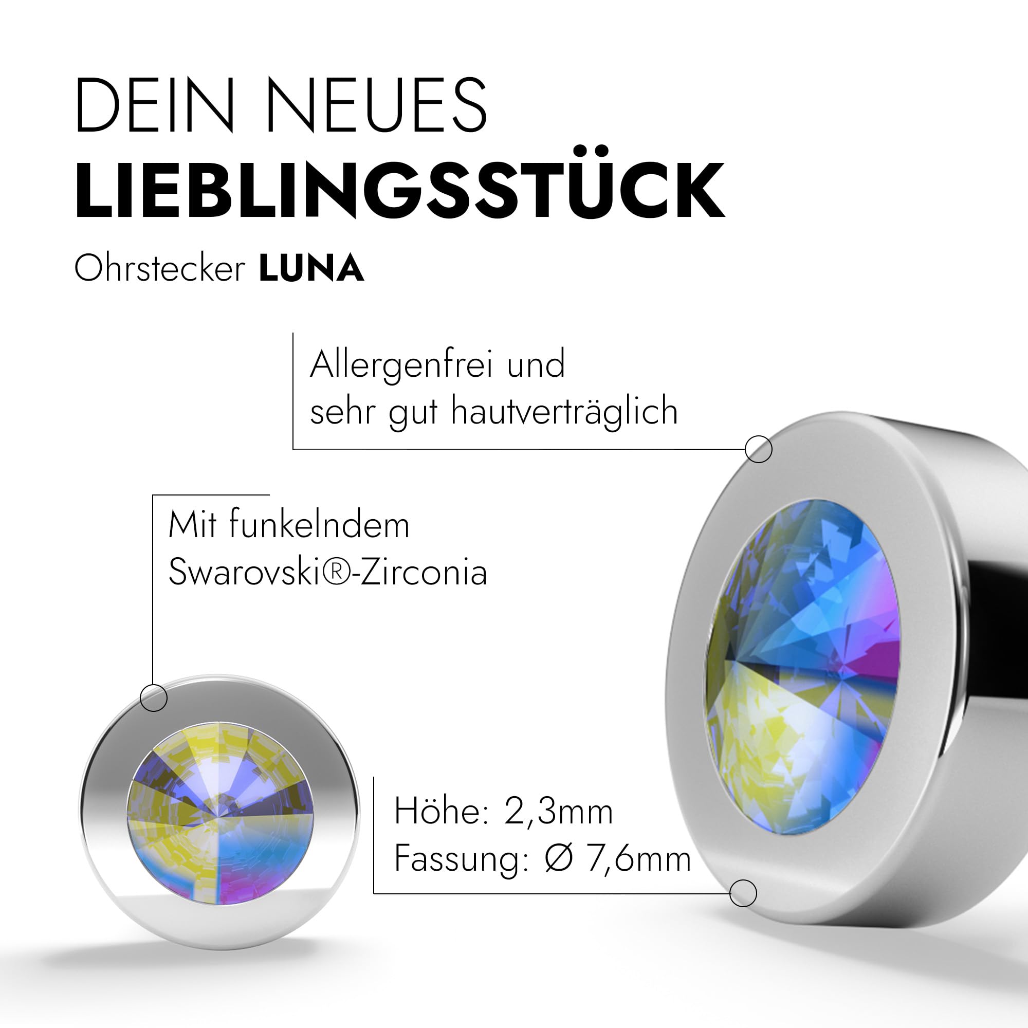 TIABELLE – Ohrstecker LUNA aus Titan mit funkelnden Swarovski® Zirconias – Ohrringe für Damen – allergenfrei & hautverträglich – Handmade in Germany (7,6mm ø)