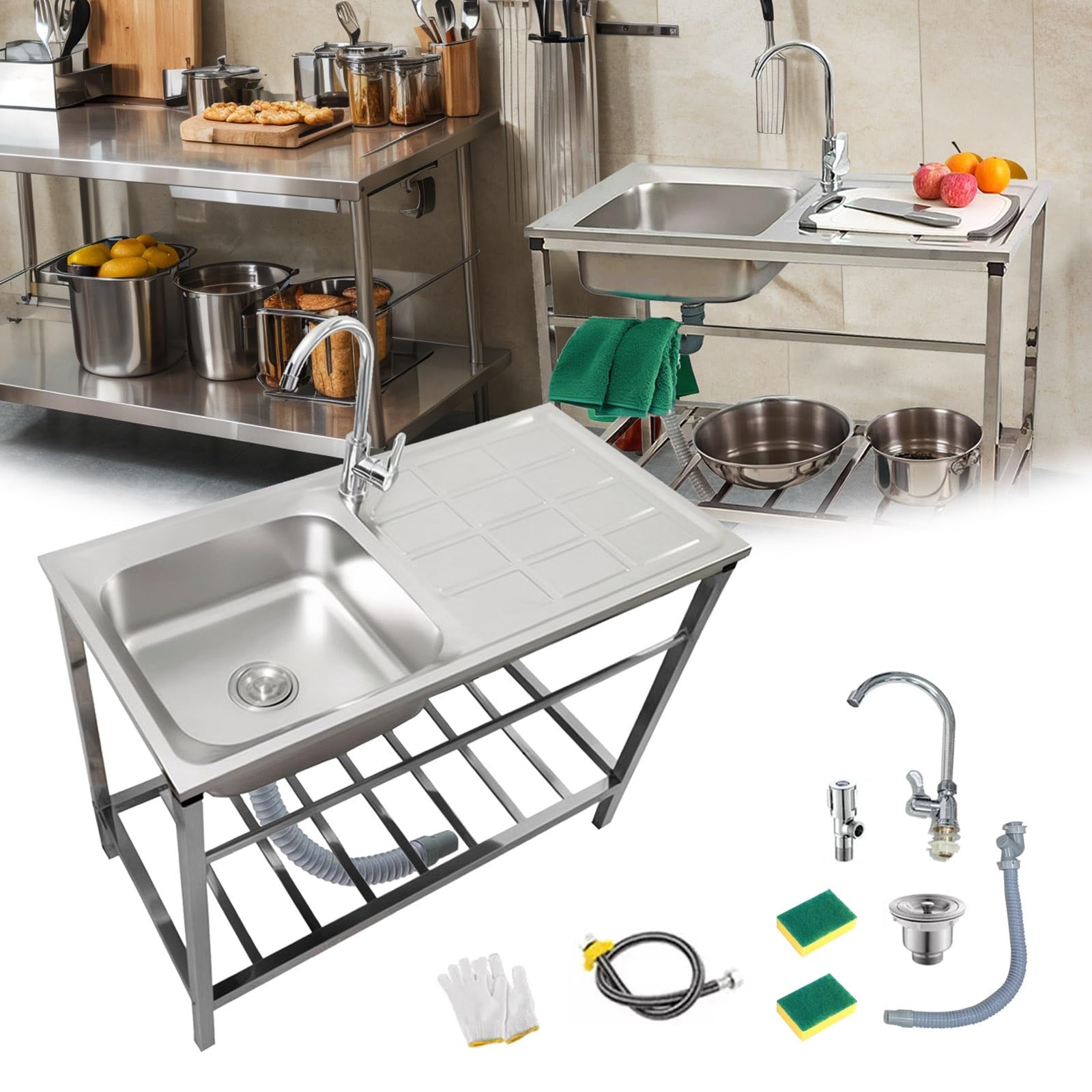 Évier de cuisine commercial 100x50 cm en acier inoxydable avec robinet et établi