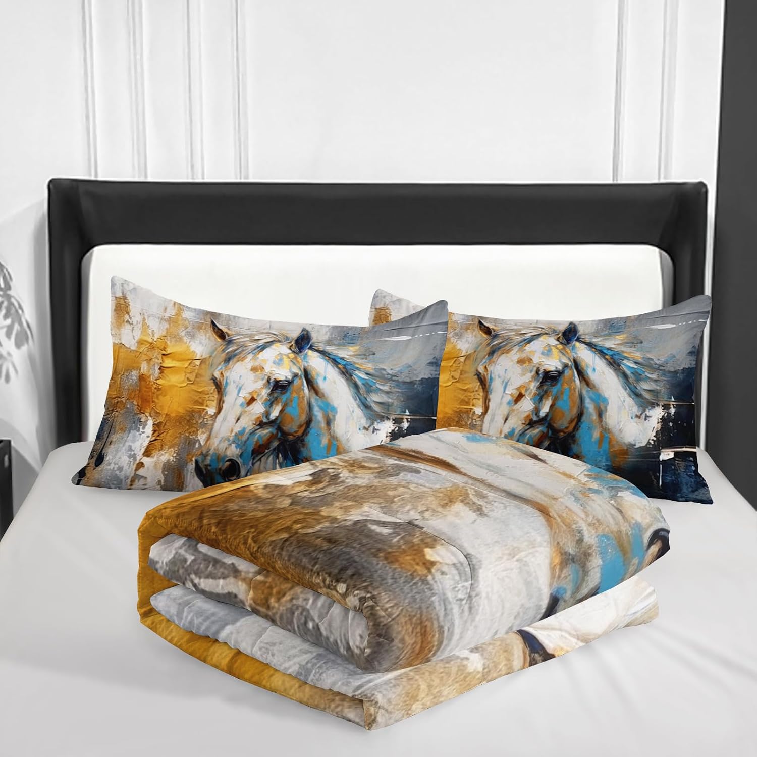 Nttopship Horse Canvas Comforter Set Queen Size,100% Soft Ultra-fine Fiber Four Season White Horse Comforter Set with 1 Comforter and 2 Pillow Case