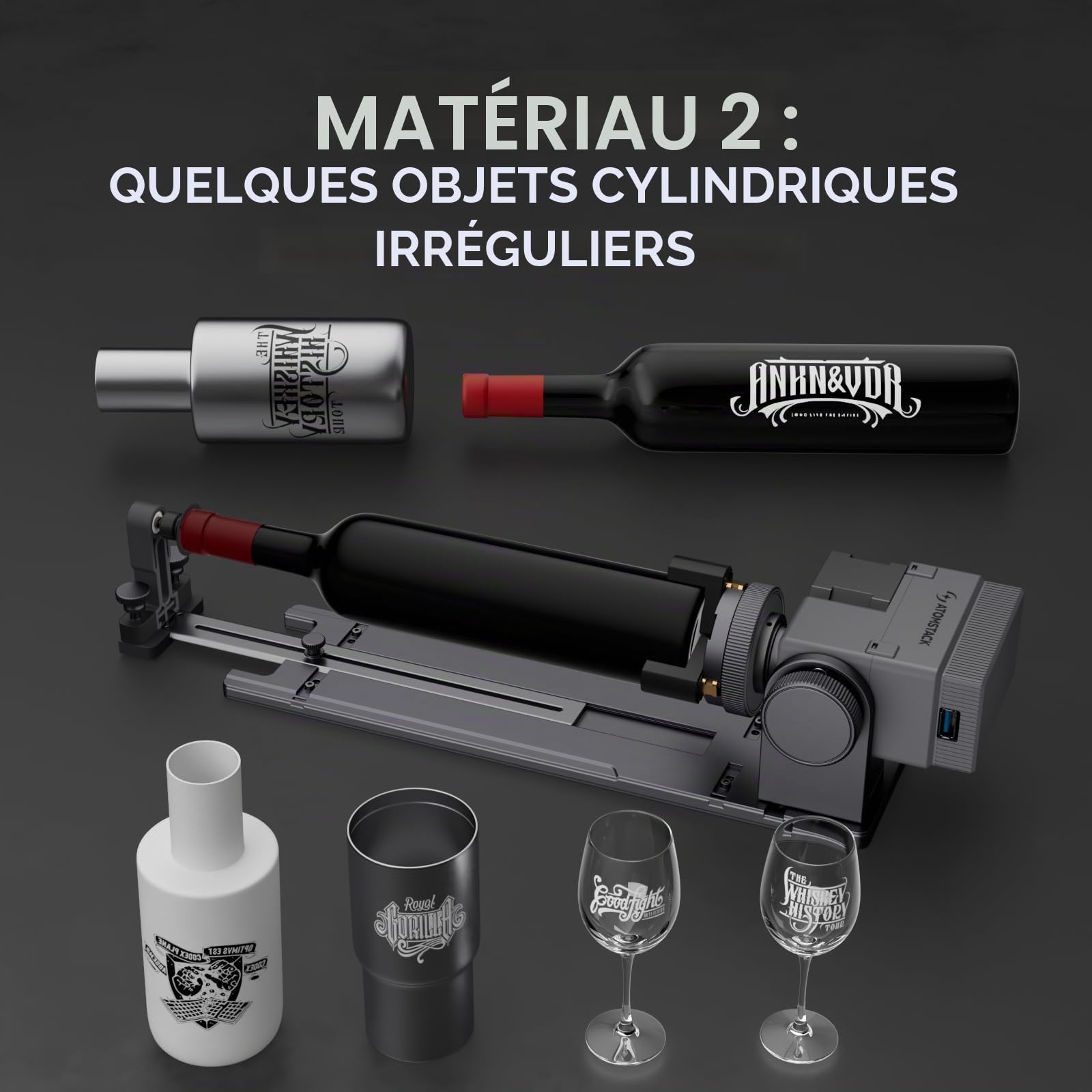 ATOMSTACK R8 et H5, mandrin rotatif et base haute, pour soutenir l'ATOMSTACK P1, pour tester des objets ronds ou annulaires tels que des balles de baseball, des boules de cristal