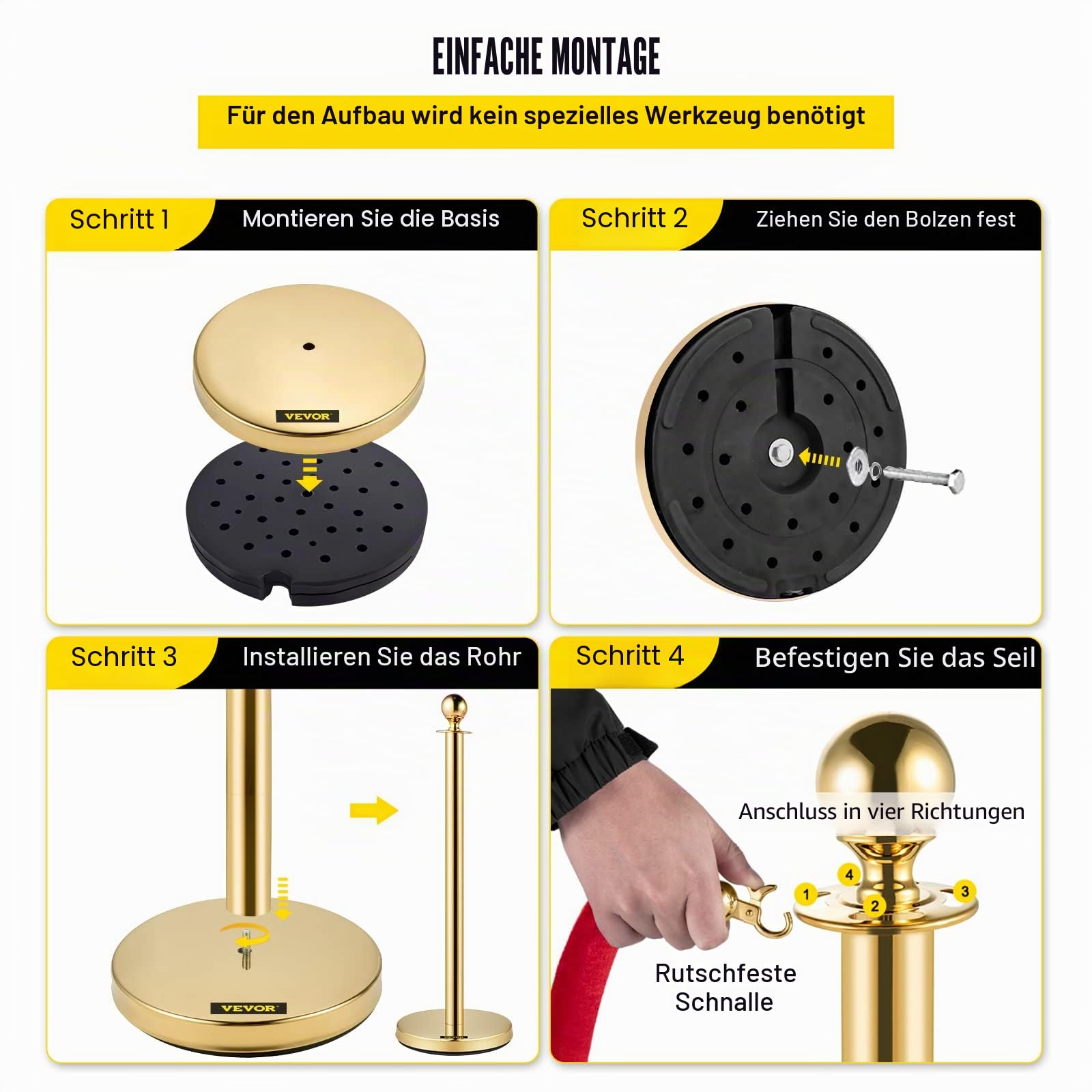 Mophorn Ausziehbarer Klebebandhalter, 4 Set, Sicherheitsbarrieren mit 3 Saiten, Seillänge: 1,5 m, goldfarben