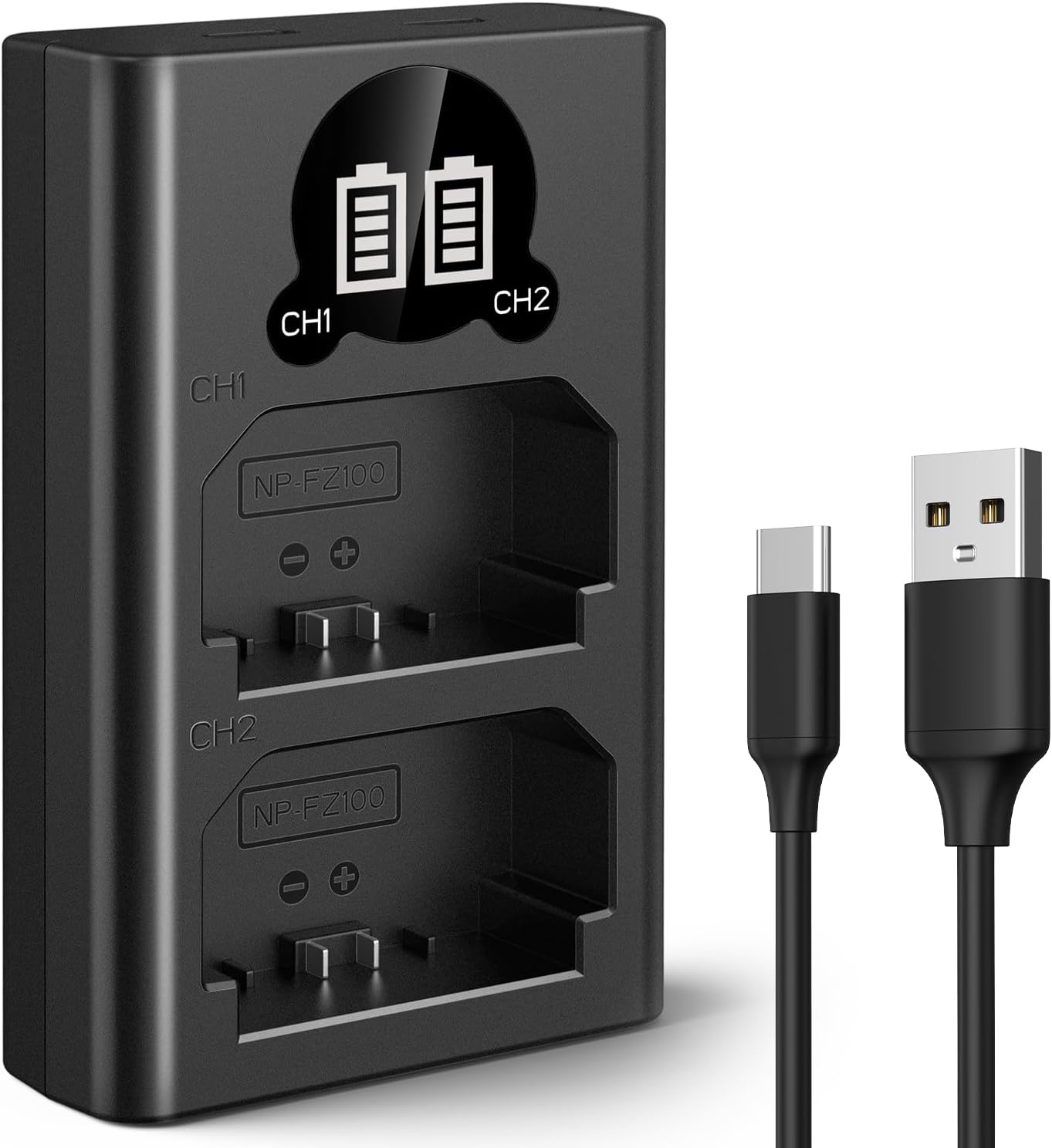 NP-FZ100 Charger, Dual-Slot Battery Charger with LCD Display for Sony A7iii, A7iv, A7RIII (A7R3), A7RIV, A7C, A7Cii, A6700, A6600, A9, A1, ZV-1E, FX30 Camera Batteries