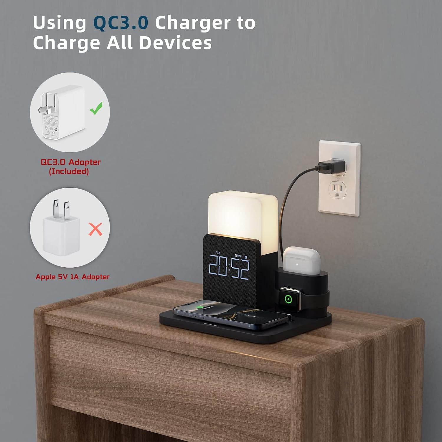 Wireless Charger,3 in 1 Fast Charging Station with Digital Alarm Clock and Night Light,Compatible for iPhone 14/14 pro/13/13 Pro/12/12Pro Max/11 Series/XS Mas/XR/XS/8/8 Plus/iwatch/AirPods/Samsung