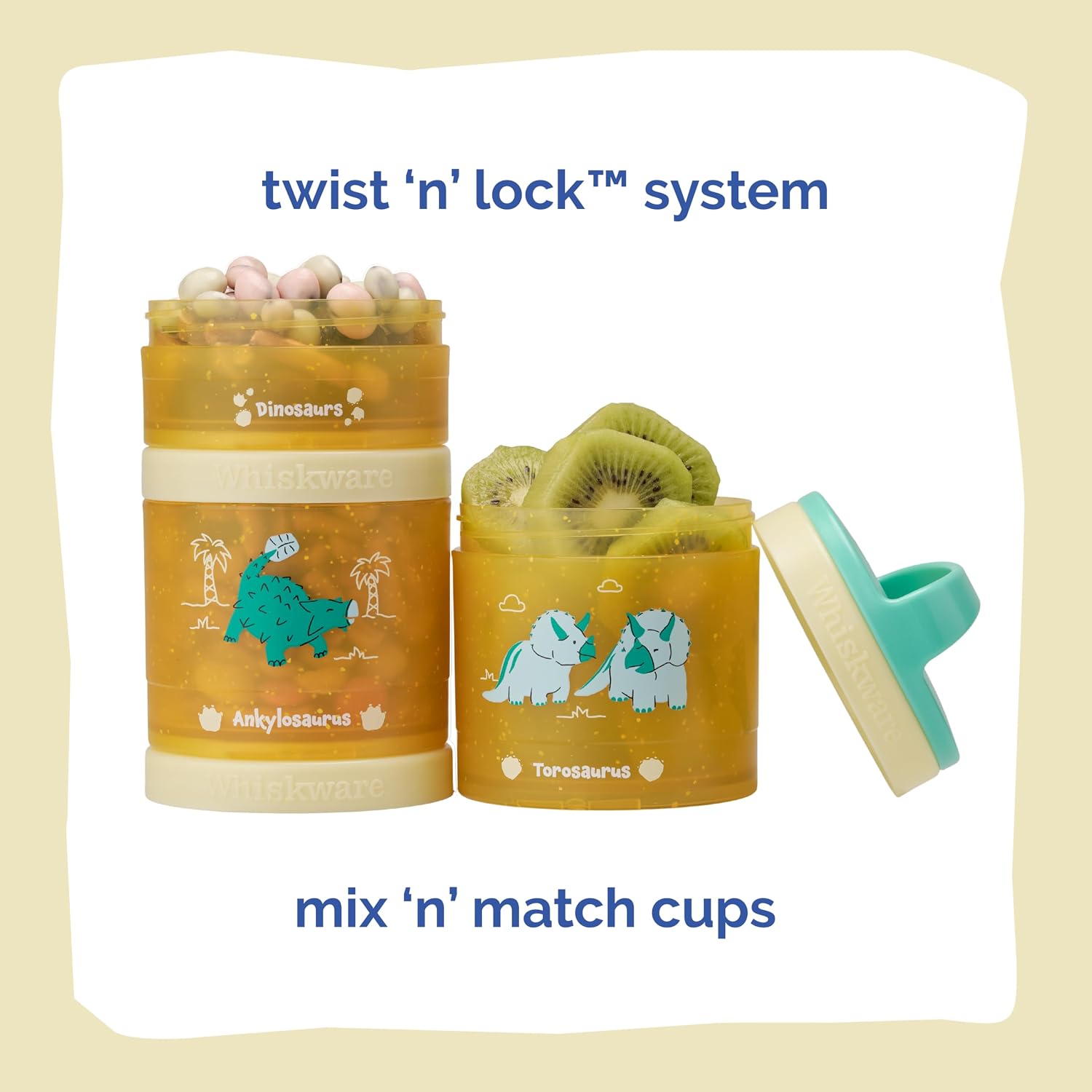 Whiskware Dinosaur Snack Containers, 3 Stackable Snack Cups, Blue/Yellow image 3