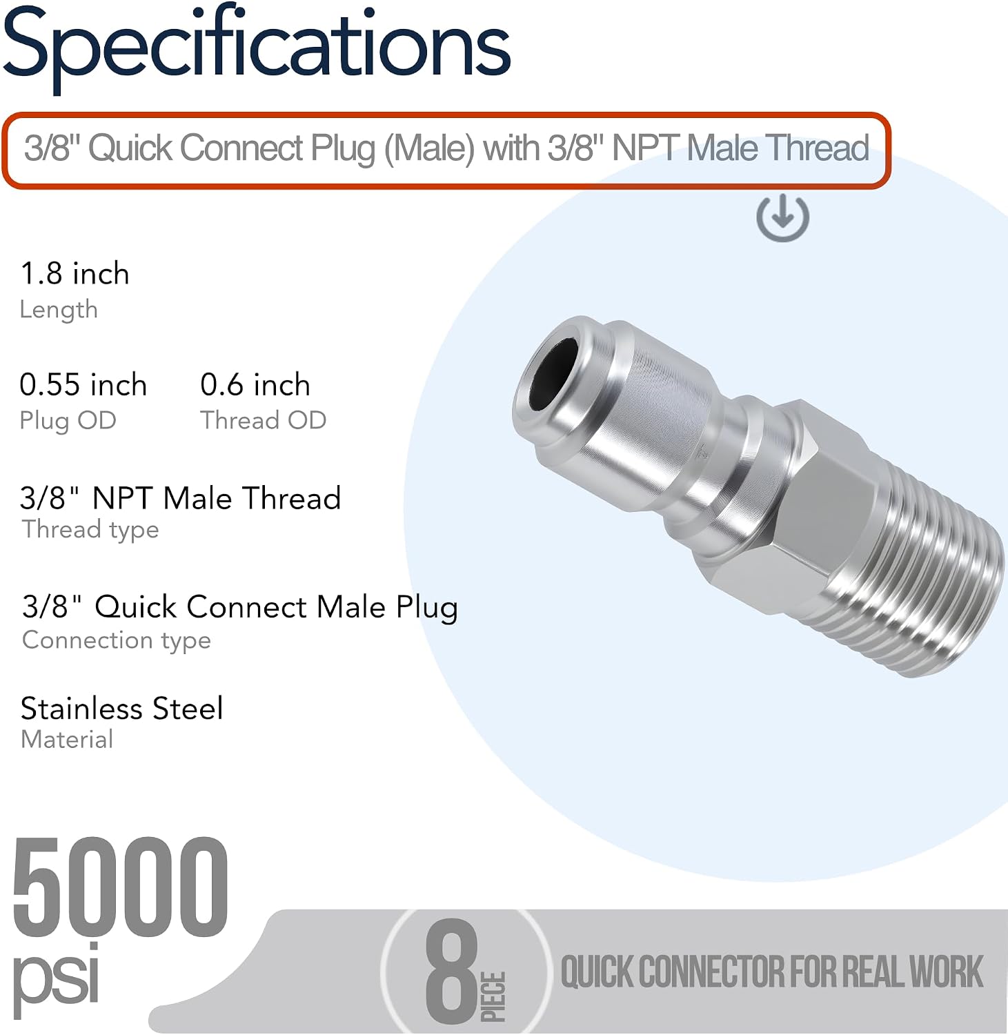 3/8 Inch Pressure Washer Quick Connect Kit, Stainless Steel Quick Connect Fittings Adapter Set with Dupont Thicker Viton O-Rings, 5000 PSI Male Female NPT Thread (8 Pack)