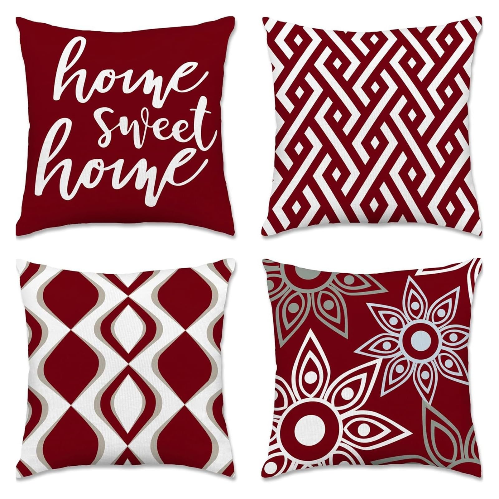 4Pcs Boho Throw Pillow Covers 18x18 Inch, Linen Home Sweet Home Decorative Square Cushion Cases, Farmhouse Modern Neutral Sofa Couch Bed Outdoor Patio Pillow Covers (Burnt Red Rustic Bohemian Set)
