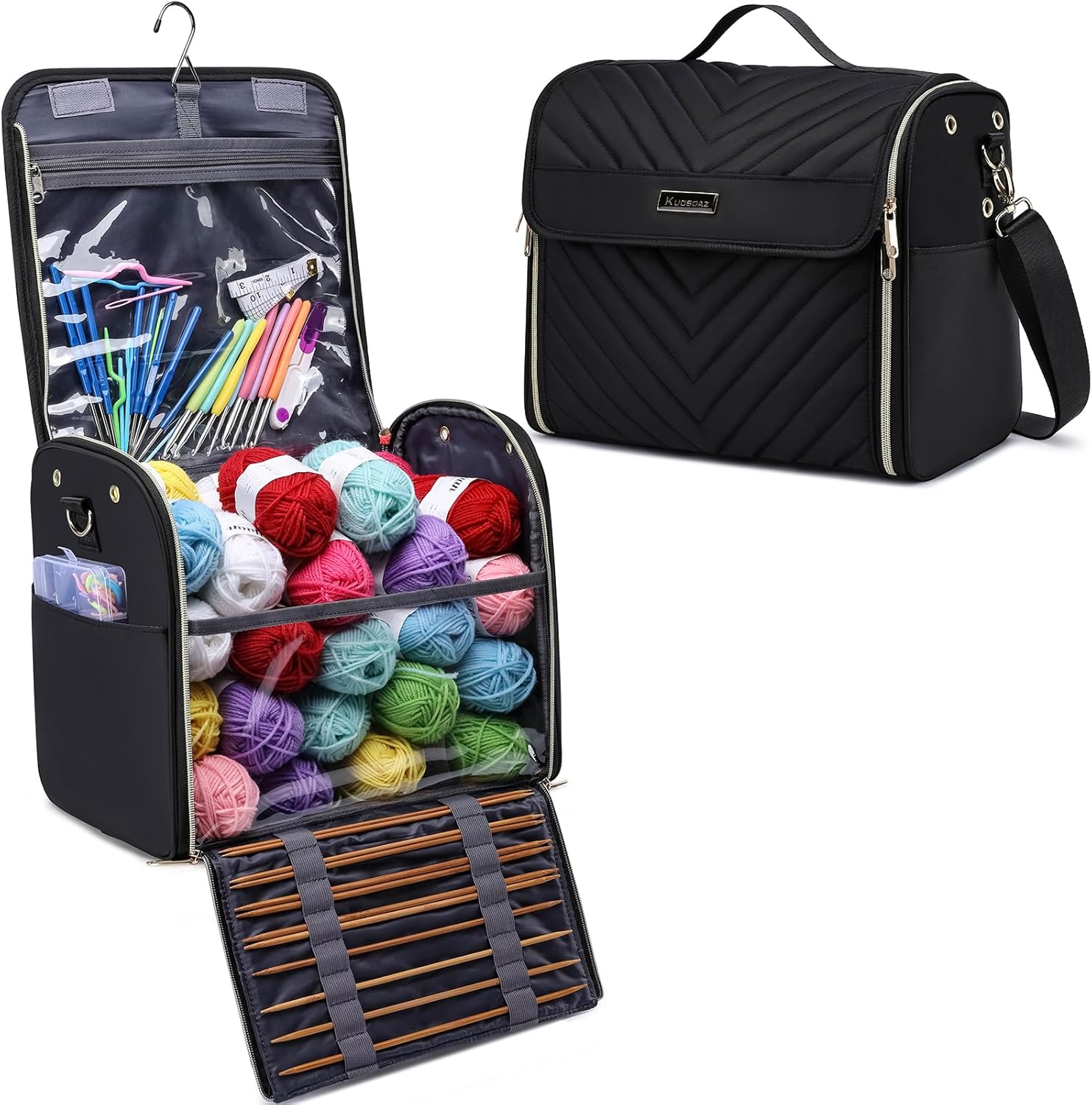 Crochet Bag with Hanging Hook - Portable Yarn Storage Bag, Large Capacity Door Room Essentials Travel Organizer for Crochet Hooks, Crochet Accessories, Black