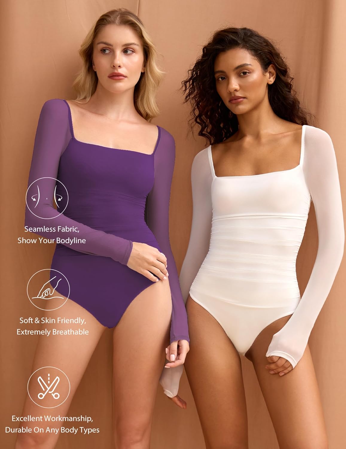 Avidlove Women's Square Neck Mesh Long Sleeve Bodysuit Shirts Ruched Body Suit Sexy Sheer Tops Date Night Outfit