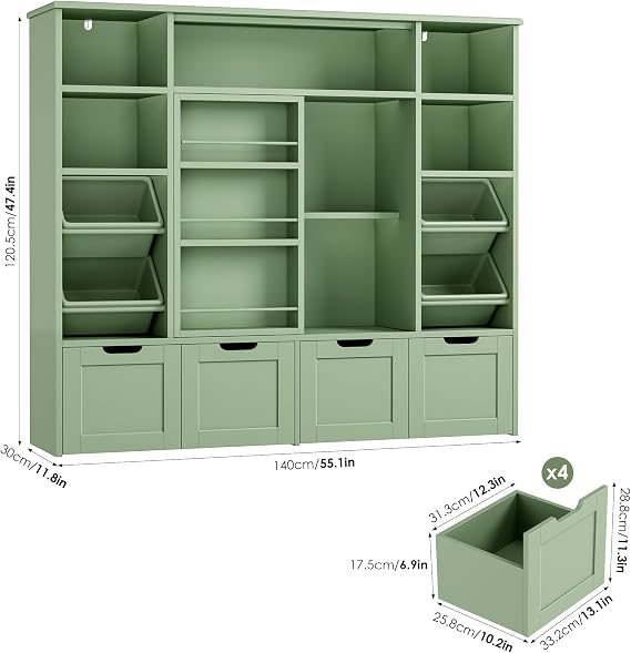 FINETONES Toy Storage with Sliding Bookshelf, Toy Organizer with 4 Bins
