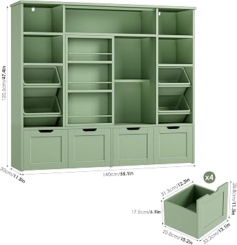 FINETONES Toy Storage with Sliding Bookshelf, Toy Organizer with 4 Bins