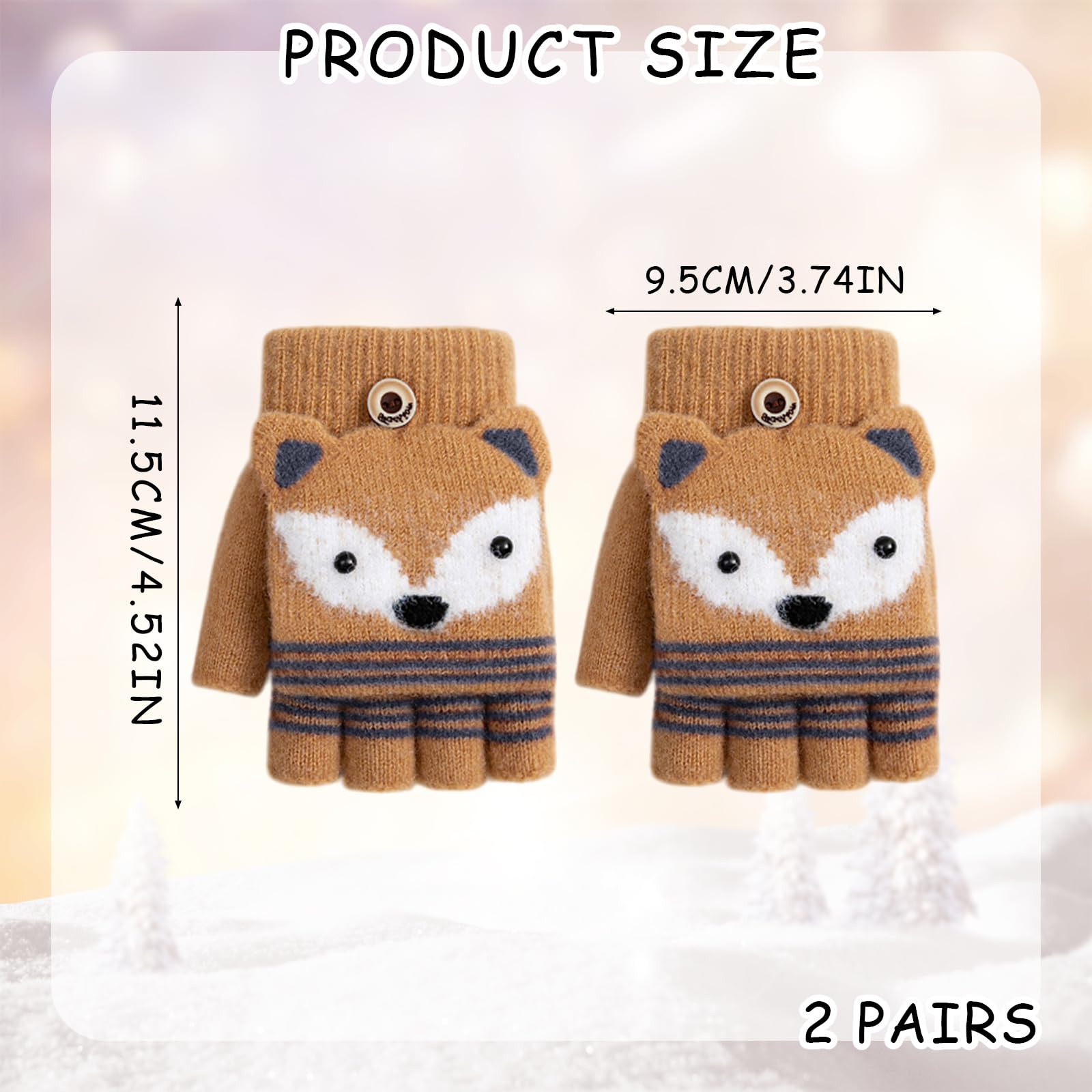 2 Pares Guantes para Niños sin Dedos, Guantes de Invierno para Niños, Cute Guantes Cálidos Convertibles con Tapa Abatible Suaves para Niñas y Niños de 3 a 9 Años