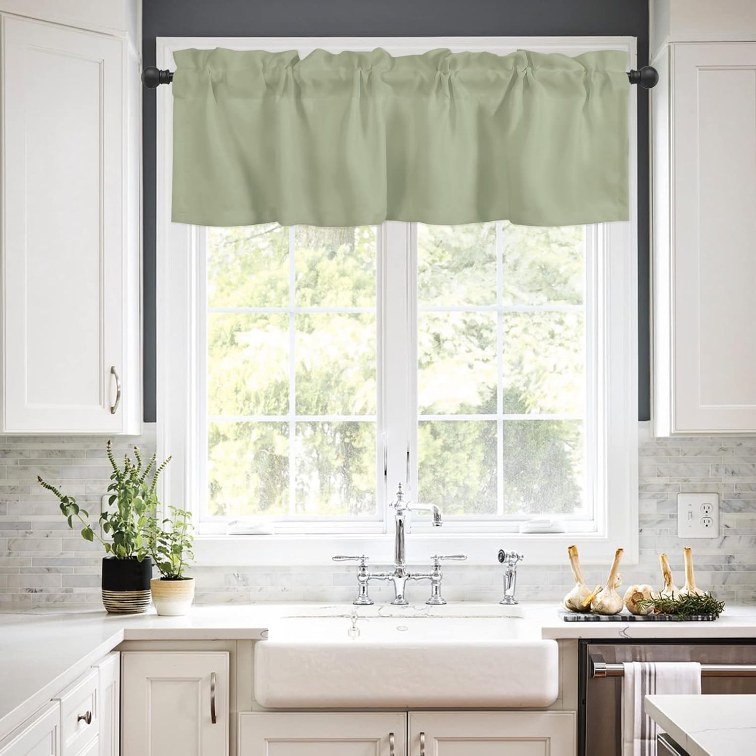 YOKOU Kitchen Curtains and Valances Set, Sage Green Spring Short Rod Pocket 3 Pieces Window Curtain Set for Bedroom, Bathroom, 36 Inch Long