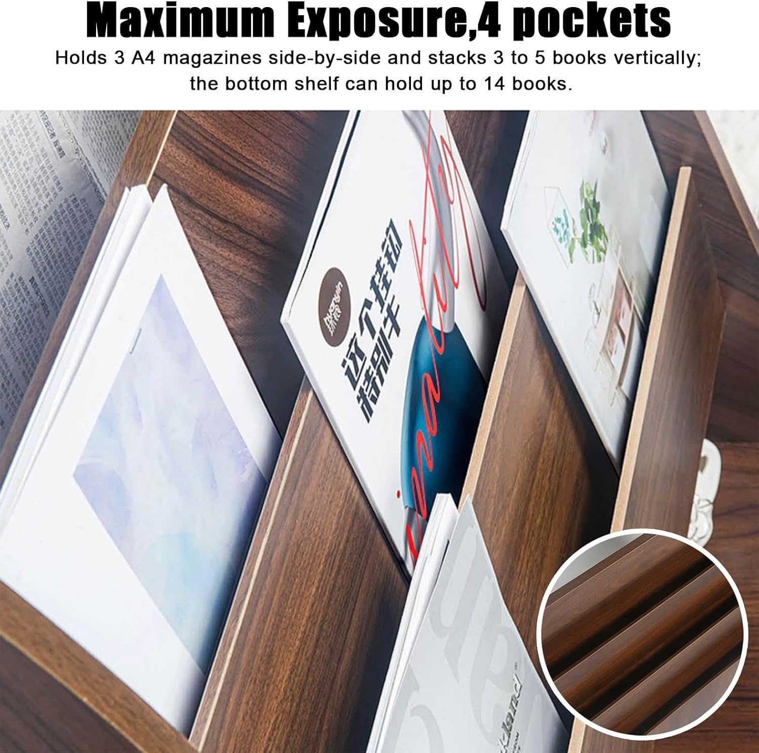 Magazine Holder Wooden Brochure Display Stand, Counter Magazine Holder Rack Wear -Resistant & Sturdy, Commercial Office Floor Stand Newspaper Storage Rack(Brown)