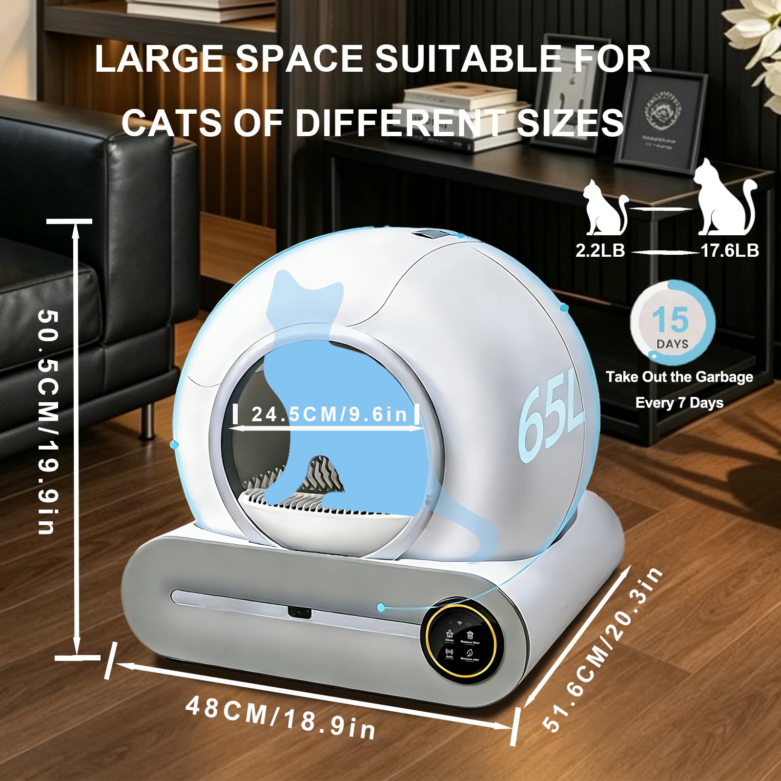 Lettiera Autopulente Per Gatti xxl 74L Lettiera Gatto Autopulente Automatica, Deodorante Ionico, Smart Health Monitor, Comando APP con tappetino e Sacchetti(Bianco A)