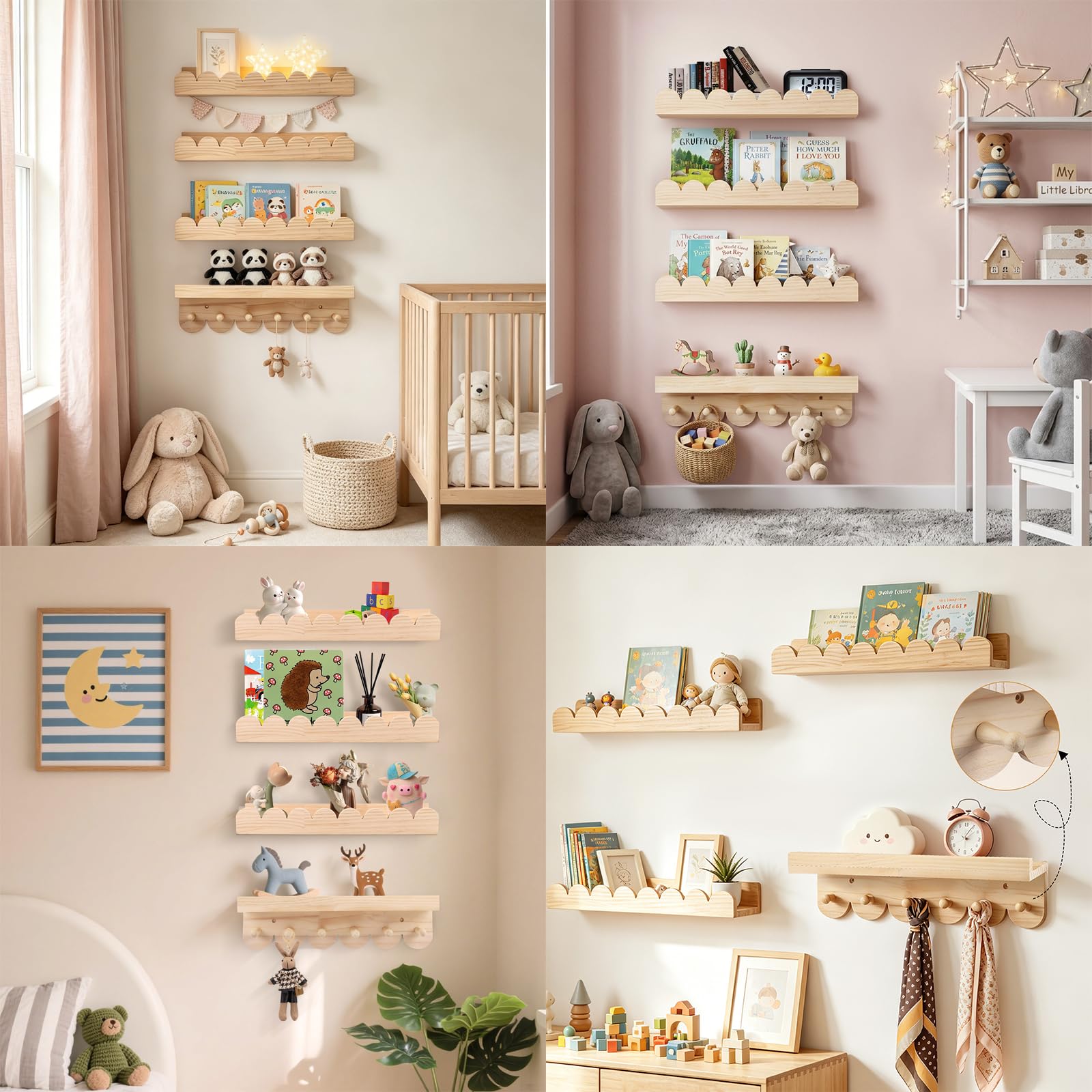 Juego de 4 estantes de pared de madera maciza para niños - Estantería con 6 ganchos para libros y juguetes - Estantería Montessori de 40 cm - Estantería flotante con curvas para niños y niñas