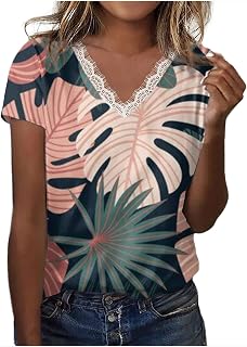 Stylish Tops for Women Lace V-Neck Short-Sleeved Women's Top Fashion Casual Floral Print T-Shirt Loose Cozy Trendy Tops Cute Tops for Women Trendy Going Out Cold Shoulder Tops for Women
