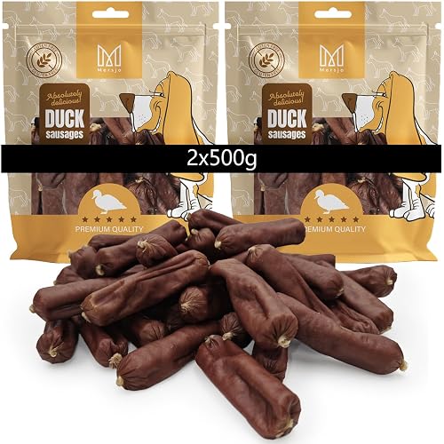 MERSJO Snack Premium para perros con salchichas de pato para perros, 2 x 500 g, sin gluten, 90% carne de pato