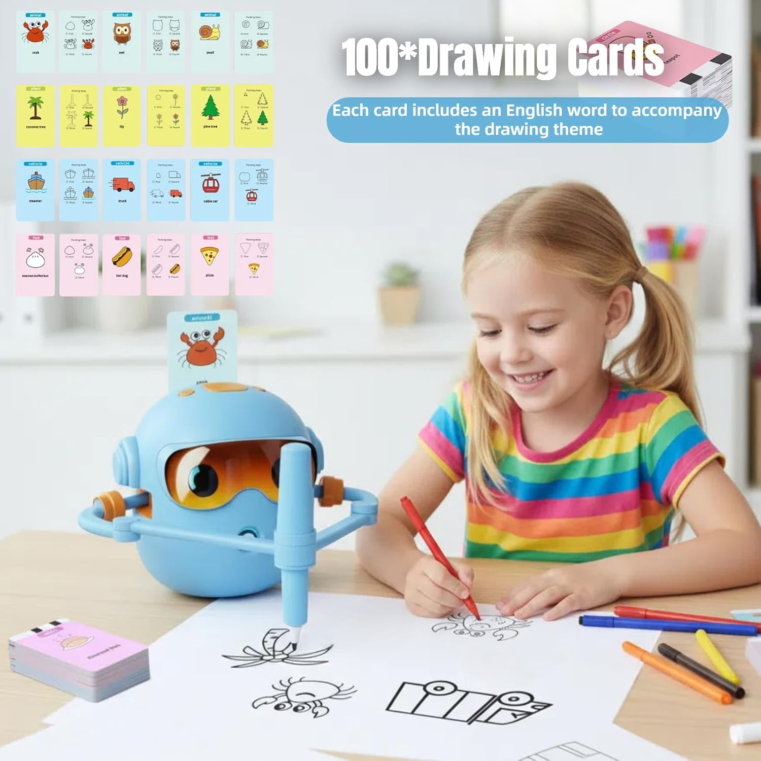 Silanit Automated Drawing Robot with Cards & Templates, Drawing Robot for Kids and Beginner, Reliable Sketch Assistant, Blue