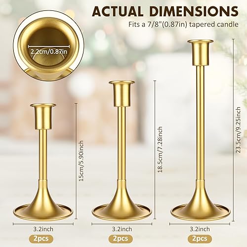 Miniatura 2 de Juego de 6 portavelas cónicos dorados con almohadilla antideslizante, velas pequeñas de metal de metal para bodas, cenas y fiestas, 3 tamaños