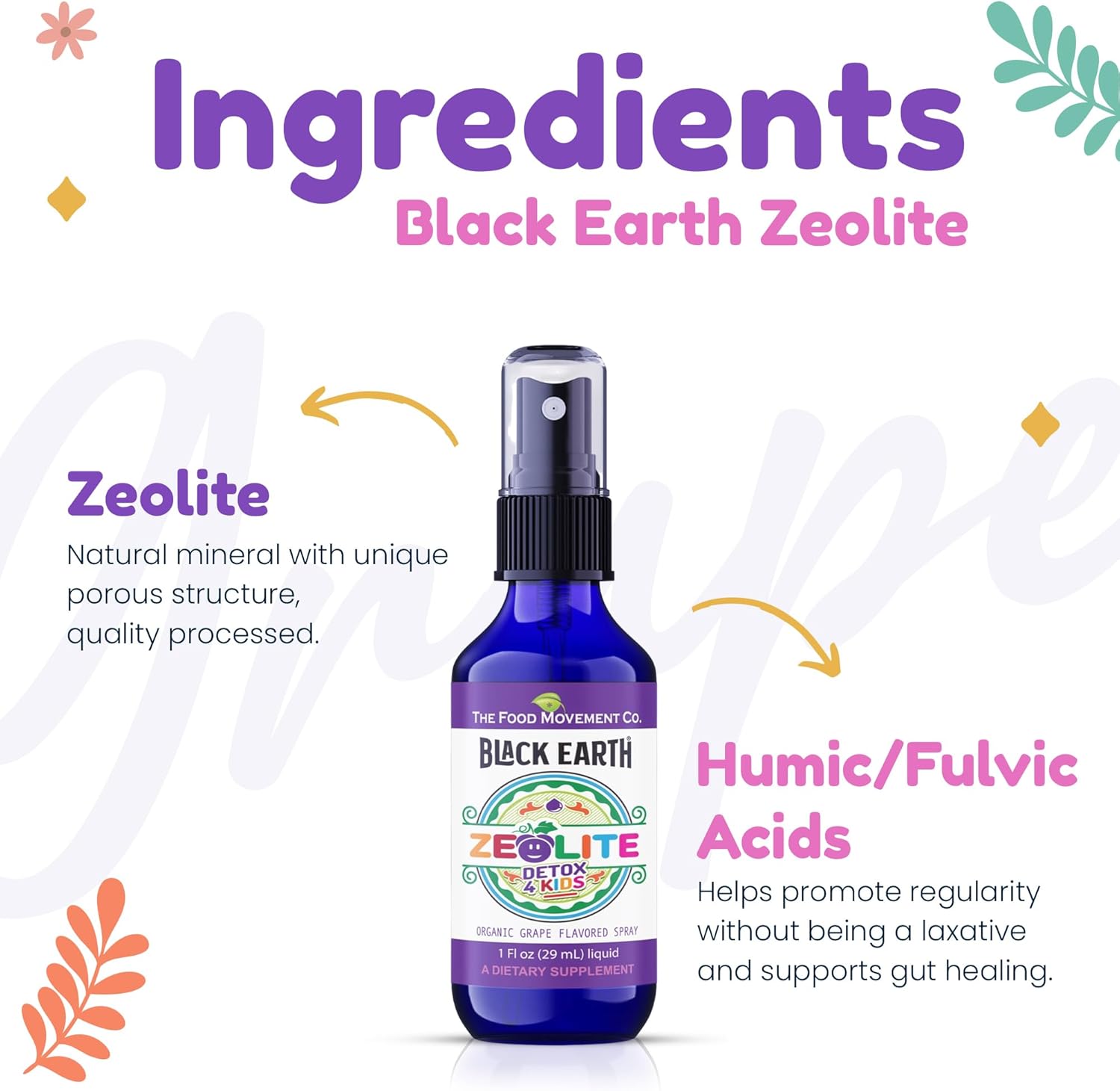 The Food Movement - Zeolite Detox for Kids, Organic Grape Flavor - Gentle Zeolite Liquid with Black Earth Humic and Fulvic Acid, Supports Natural Detoxification, 1 fl oz Pump Spray - Image 3