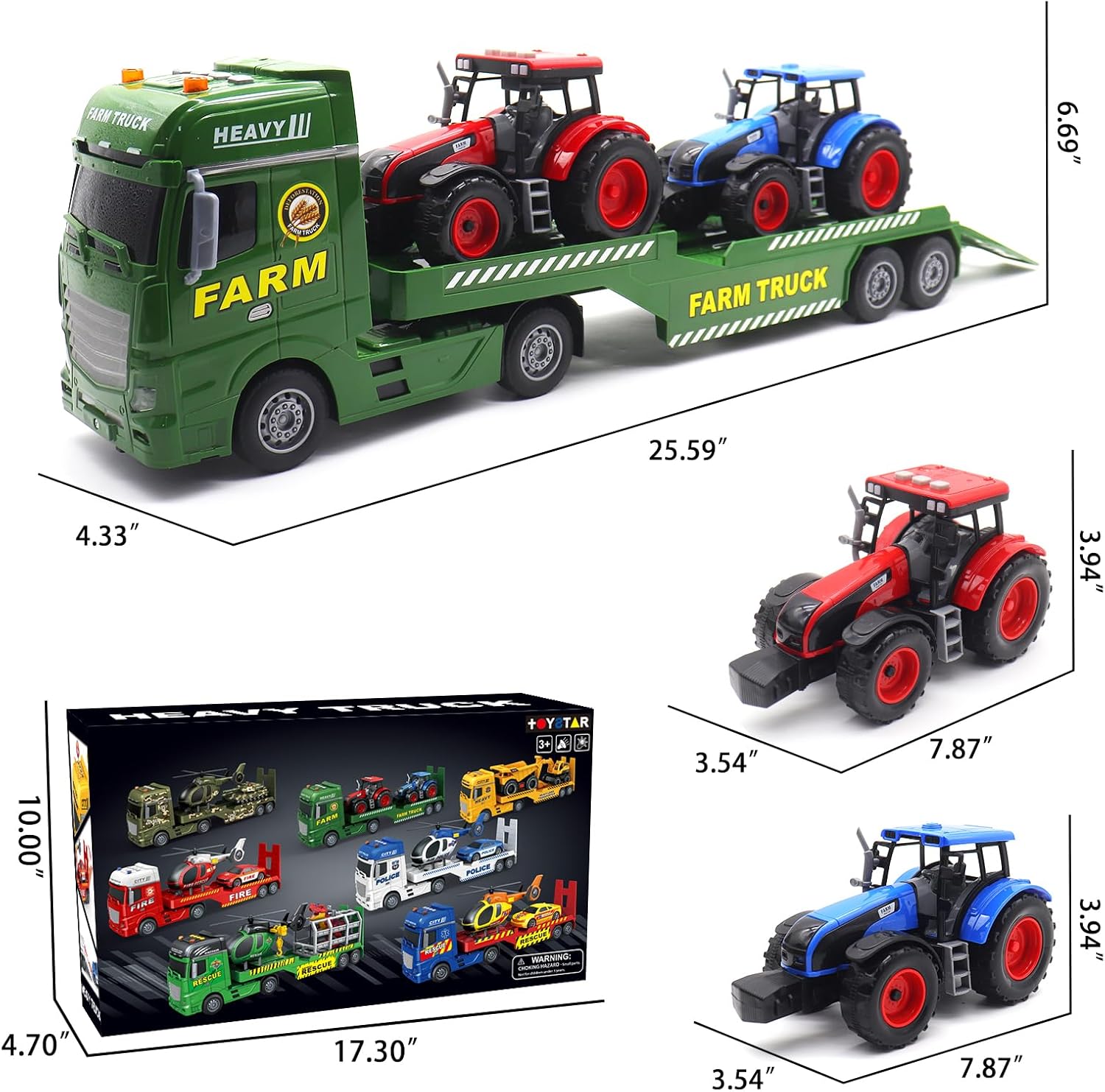Large Flatbed Semi Truck, 25.6’’ Large Farm Truck Toy with 2 Tractors, Friction Powered Farm Transport Truck Tractor Toy with Light & Sound, Farm Toys Birthday Gift for Kids Aged 3-8