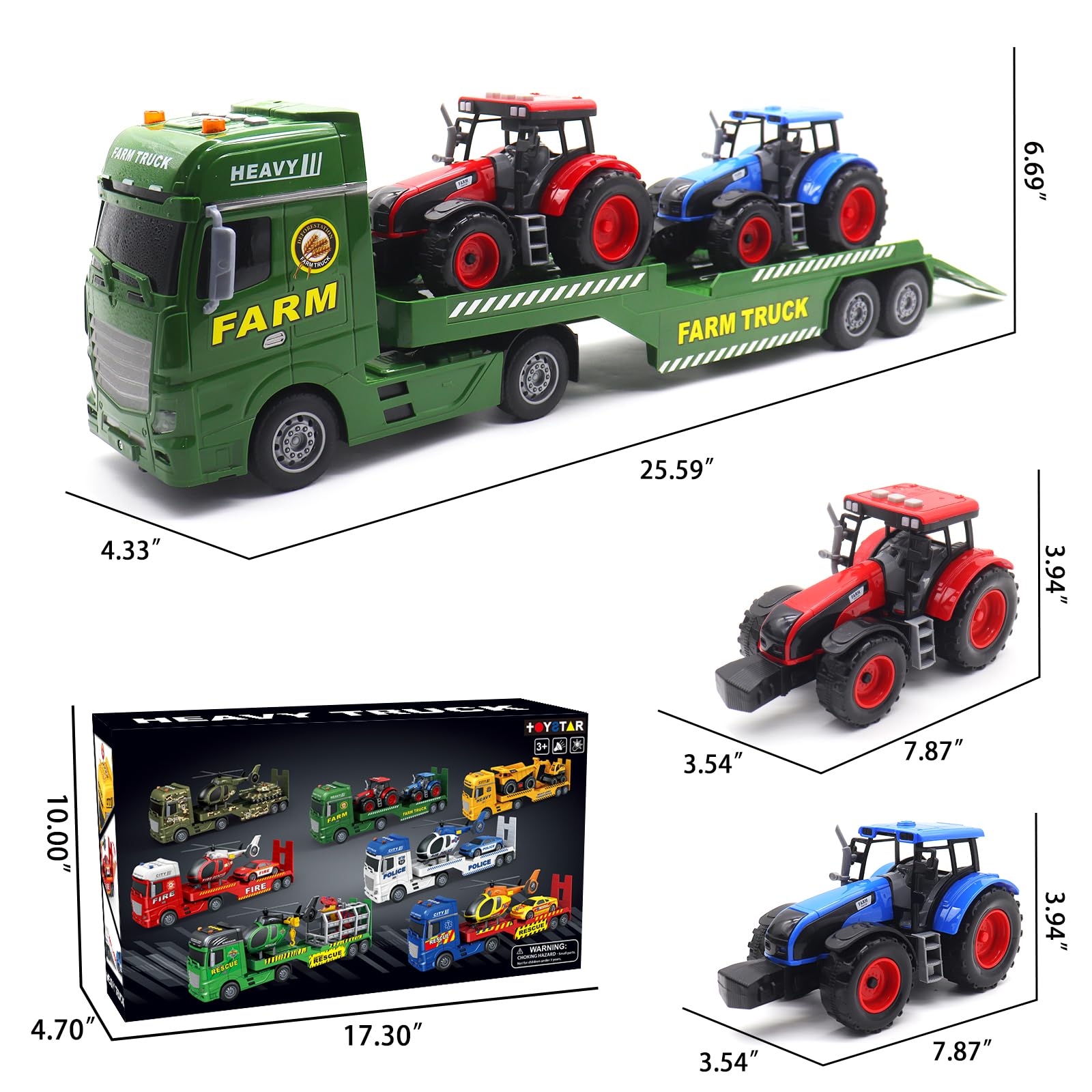 Mostop Camión grande de camión plano,25.6'' gran camión de granja juguete con 2 tractores,Juguete de tractor de granja impulsado por fricción con luz y sonido, juguete de granja para niños