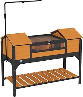 PawHut Tortoise Habitat with Adjustable Lamp Holder, Wooden Tortoise Enclosure with Storage Shelf, Dual Main Houses, Attached Tray, Openable Lid, Yellow