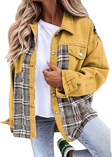 Womens Lightweight Denim Jackets 2023 Fall Fashion Long Sleeve Flannel Plaid Distressed Lapel Jean Shacket Jacket Classic Casual Button Down Collared Work Shirts with Front Pocket
