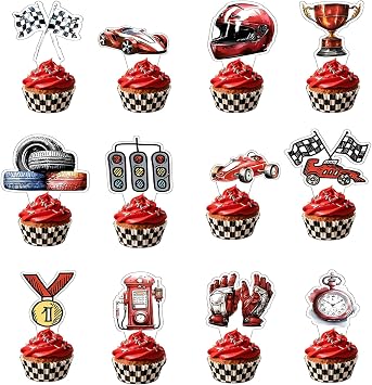 Pack of 24 Cupcake Toppers Classic Car Cake Toppers Racing Car Theme Decoration Accessory Set Racing Party Theme Birthday Cake Decoration for Birthday Anniversary Wedding Party Dessert
