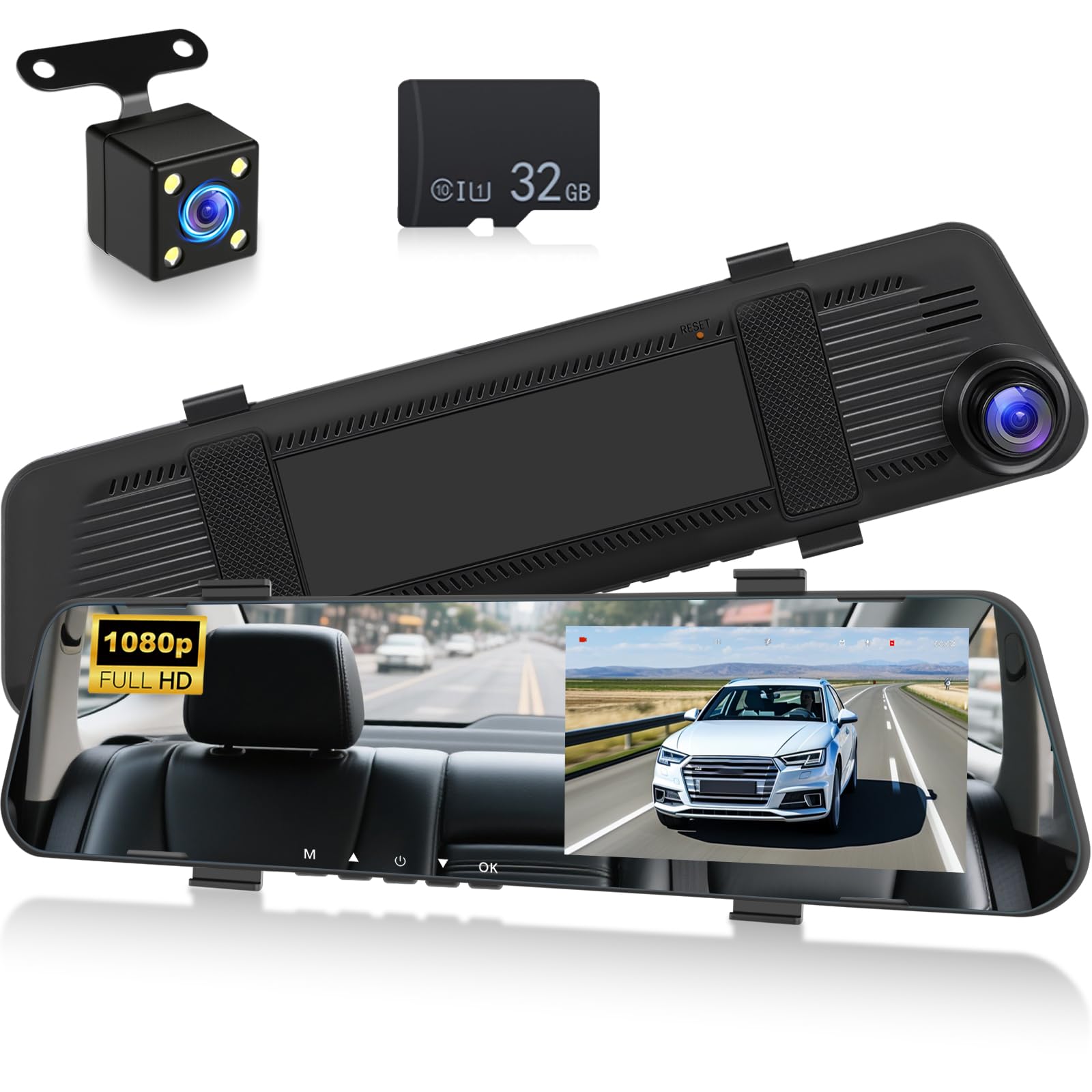 NHOPEEW 1080P Dash Cam con schermo da 4,5 pollici, telecamera anteriore e posteriore, registrazione in loop, linee guida per il parcheggio, visione notturna + scheda da 32 GB