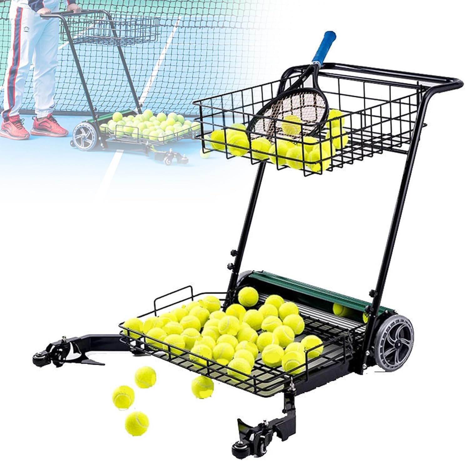 Raccoglitore automatico di palline da tennis per campo, contiene 290 palline, facile da raccogliere, carrello tramoggia palla