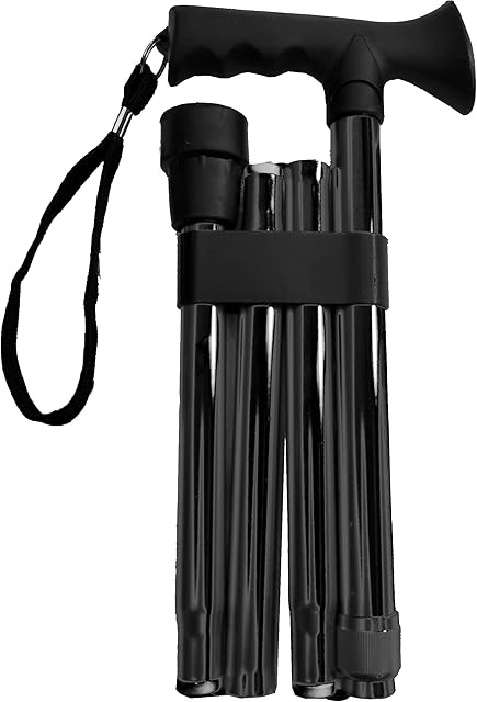 Deluxe 4-Part Folding Adjustable Aluminium Metallic Compact Walking Stick Cane for Men, Ladies and Women with Soft Grip Gel Handle  33.5  37.5