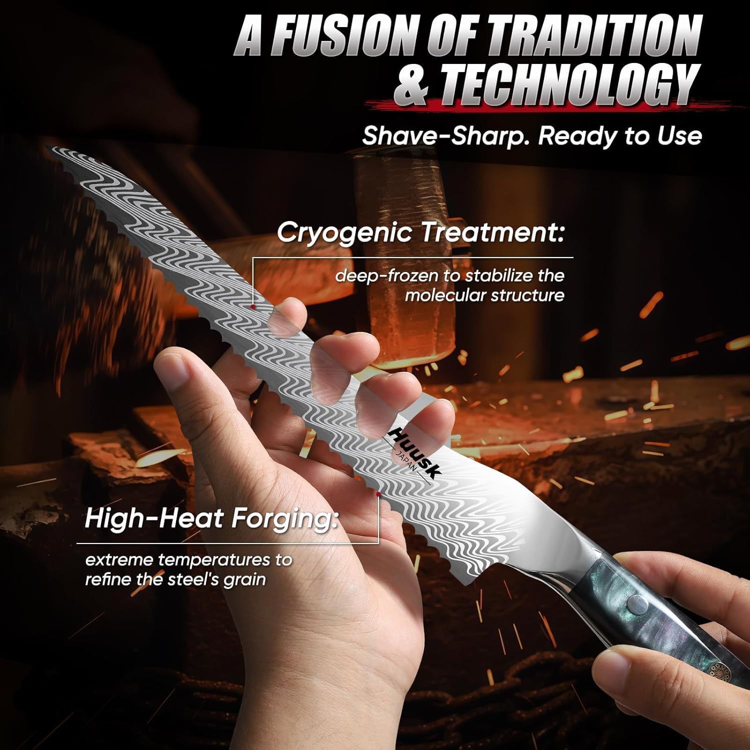 Huusk Serrated Bread Knife 8", Stainless Sourdough Bread Knife with Resin Handle & Cover for Homemade Breads Slicing, Hand Sharpened Breads Cutting Knives for Cake, Bagels, Baguettes, Christmas Gifts - Image 6