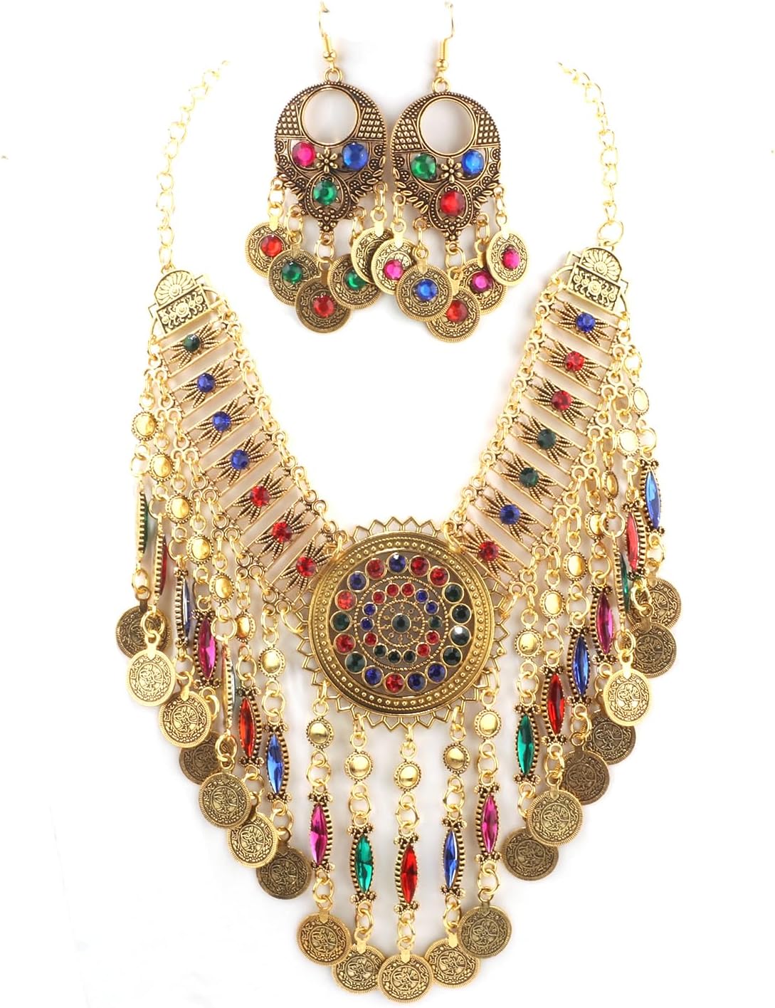 African Jewelry Sets for Women Boho Tribal Retro Statement Choker Necklace and Dainty Dangle Earring Set Multicolor Ethnic Style Chunky Bib Collar Costume Jewelry Accessories for Women