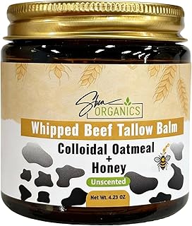 Shea Organics Whipped Beef Tallow Balm for Face & Body | 100% Grass-Fed Tallow with Colloidal Oatmeal & Honey | Unscented Moisturizer for Sensitive, Eczema-Prone & Rosacea-Prone Skin | 4.23 oz
