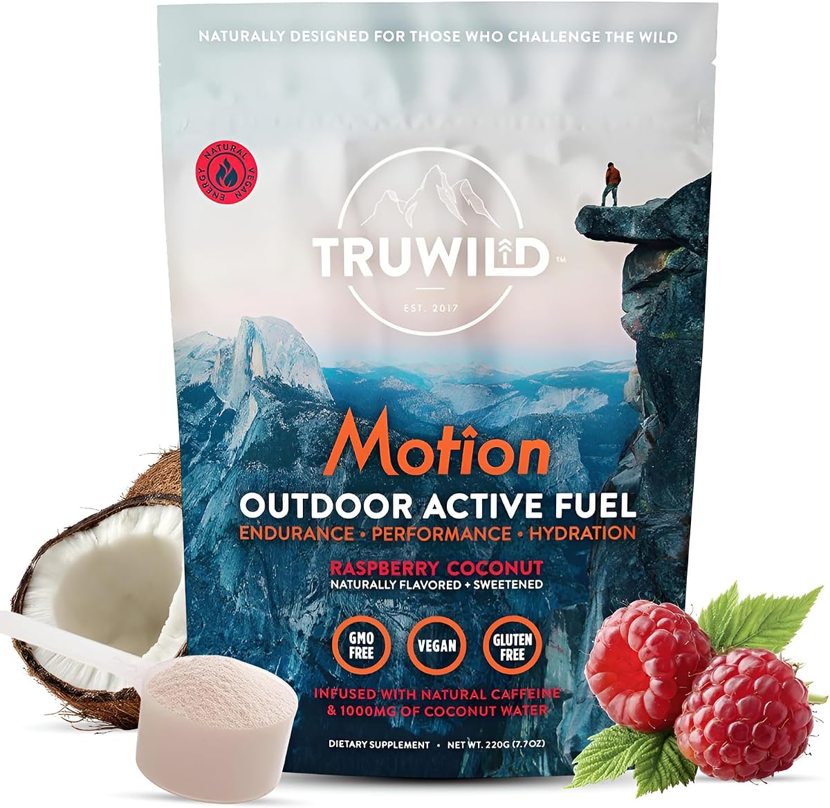 TruWild Motion Mezcla de bebida en polvo totalmente natural para preentrenamiento para hombres y mujeres sin nerviosismo ni choques, alimentos integrales a base de plantas veganas, orgánicas con electrolitos + bioperina, 20 porciones (frambuesa de coco)