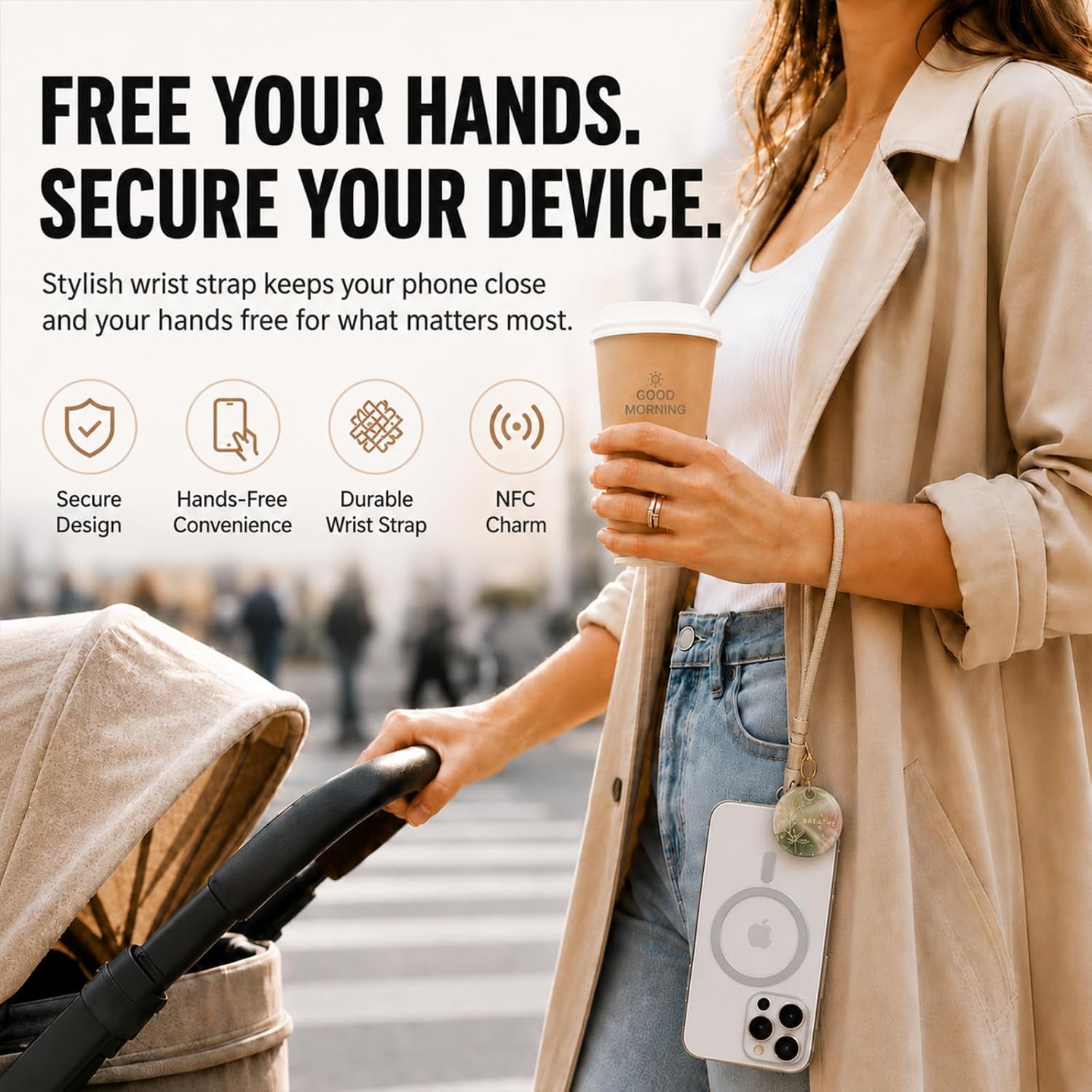 Cell Phone Wrist Strap with NFC Mindfulness Charm - 52 Digital Affirmation Cards & Guided Breathing, Anti-Theft Phone Lanyard with Tether Tab for iPhone & Android, Self Care Gifts For Women, Camel