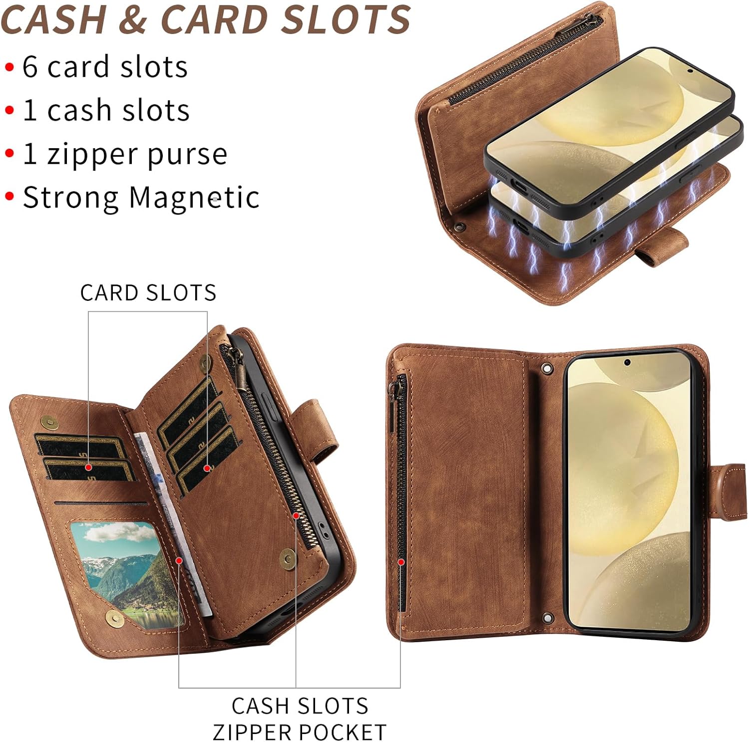 Phone Case for Samsung Galaxy S24/S25 5G Zipper Wallet Detachable Magnetic Cover with Tempered Glass Screen Protector Crossbody Lanyard Strap Flip Card Holder Slot S 24 24S 25 25S G5 Women Girls Brown