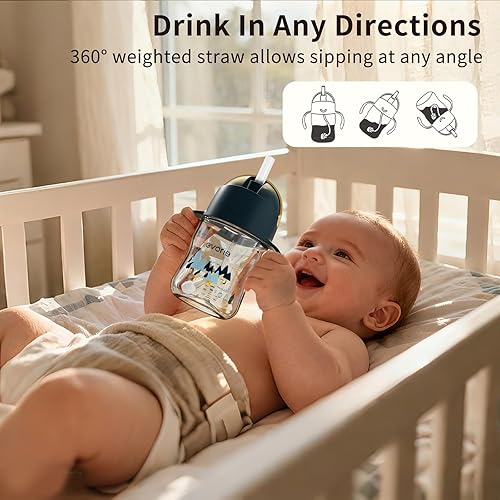 Miniatura 3 de Evorie Tritan - Vaso para beber con popote con peso con asas para bebés y niños pequeños, botella de agua a prueba de derrames con popote para 6