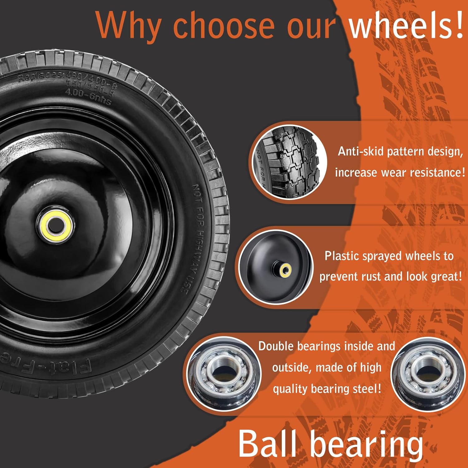 4.80/4.00-8" Tire Flat Free 14.5" x 3.2" (1Pcs) Universal Solid Wheelbarrow Tire with 5/8” Bearings 3” -7” Hub Centered, for 4.80/4.00-8, 3.50/2.50-8, 4.00-6 Wheelbarrow Wheels - Image 4