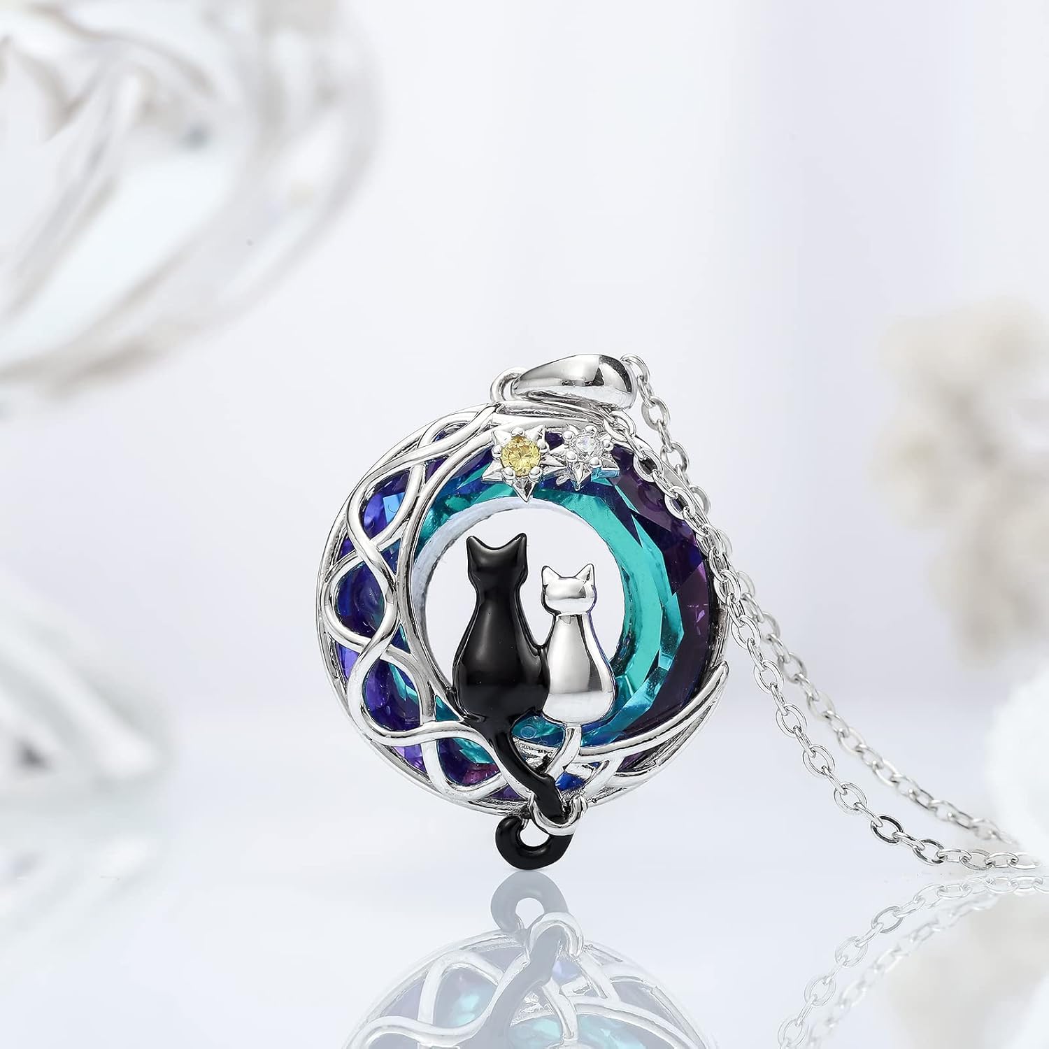 SELENICHAST Cat Necklace 925 Sterling Silver Pendant Necklace Jewelry for Women Moon Necklace for Birthday Gifts for Cat Lovers Mom Mothers Day