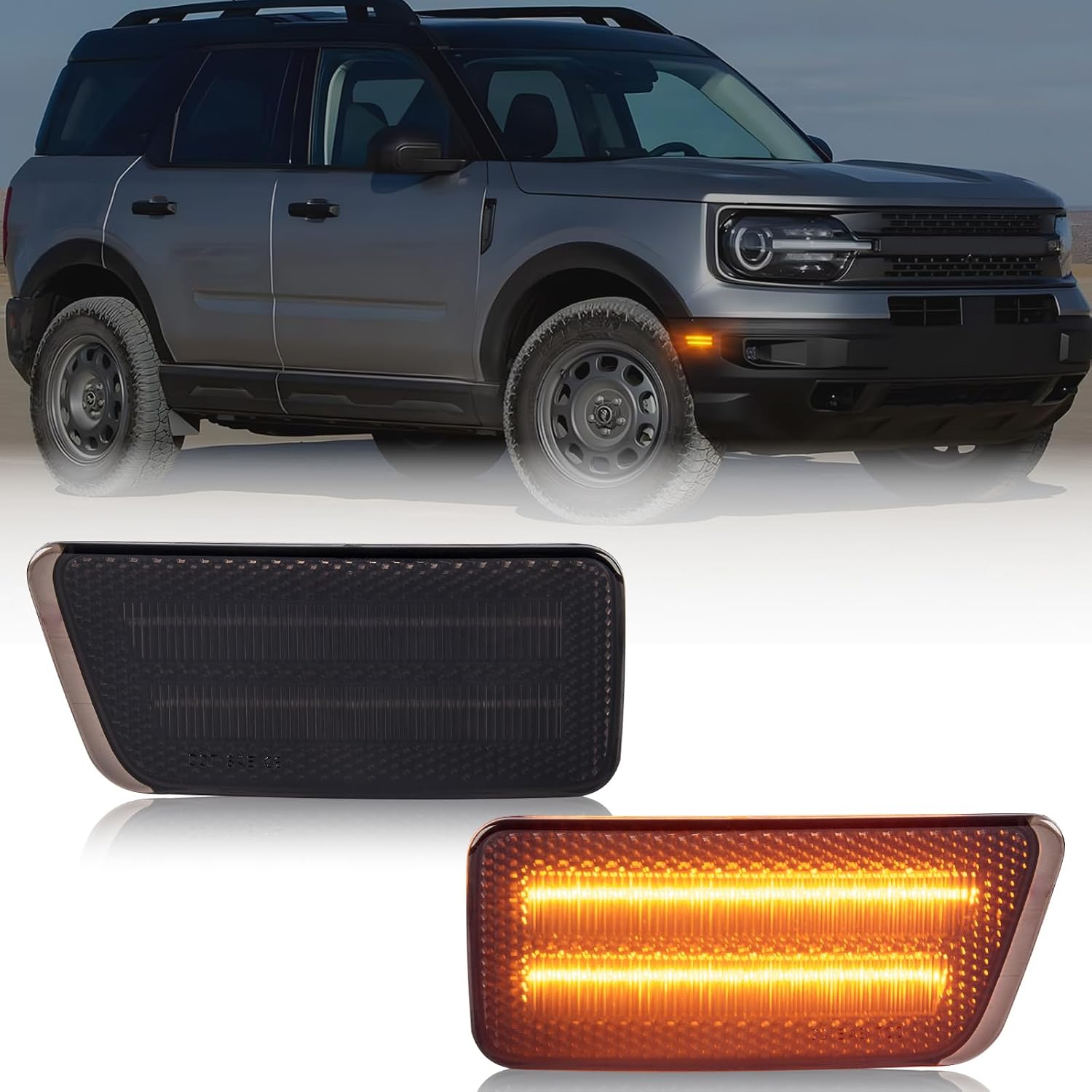 POPMOTORZ LED Side Marker Lights Assembly for 2021 2022 2023 2024 Ford Bronco Sport Gen 6 U725 Front Bumper Fender White LED Side Marker Lamps Smoked Lens 2 Pack