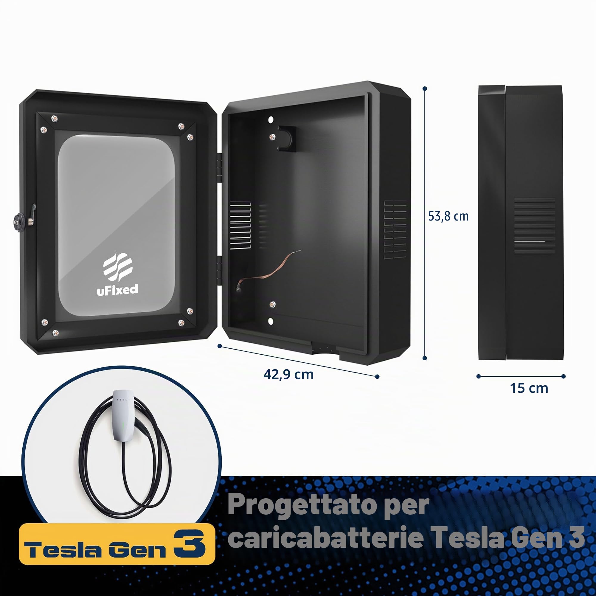 Scatola Nera per Wallbox 7,4 kW Tipo 2 - Uso Esterno, Resistente a Pioggia e Neve, con Finestra Trasparente e Serratura, per colonnina e Cavo Ricarica Auto elettrica Tesla