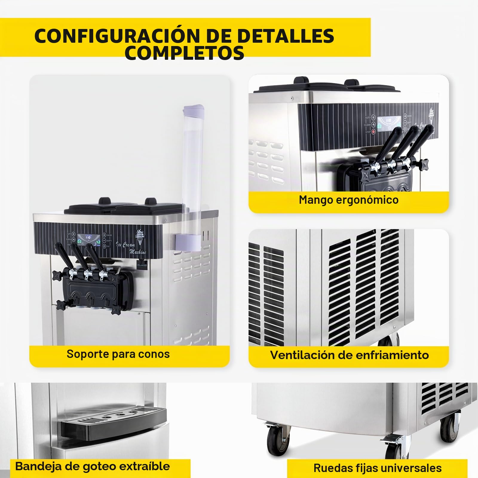 Máquina de helado comercial 20-28L/h 2200W 3 sabores, máquina de helado italiana tolva, panel LED de limpieza automática, refrigeración de noche, para yogur café Snack-Bar