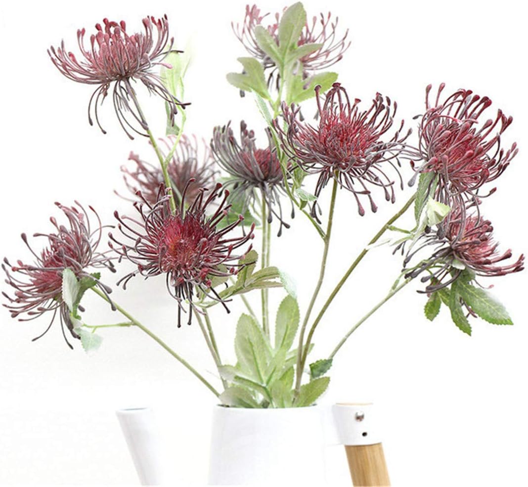 5 Pieces 3 Flower Heads Artificial Pincushion Flower Plastic Protea Flower for Living Room Home Wedding Party Decoration (Champagne)