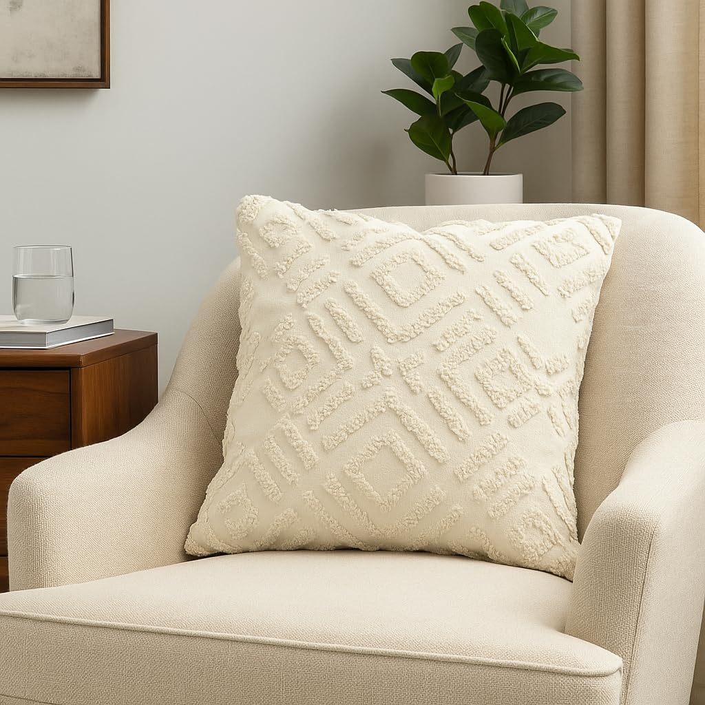 Premium 100% Cotton Cushion Cover, 18 Inch x 18 Inch, Circular Knit Neutral Textured, Square Accent, Cushion Cover Set of 1 for Living Room, Sofa, Couch, Home Decor (Diamond-Beige)-image-27