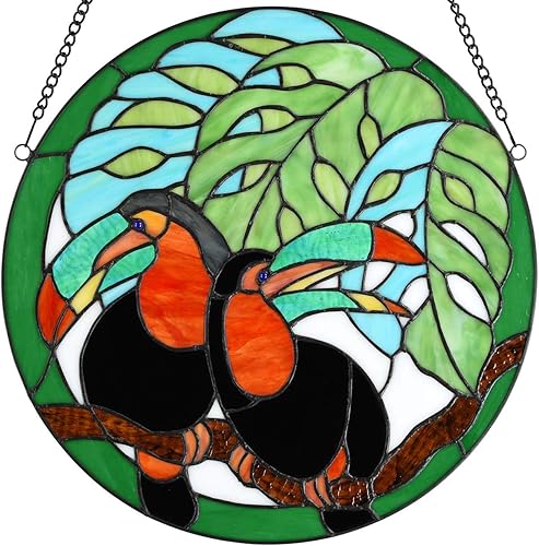Miniatura 5 de Bieye W10070 Par de tucanes en la planta de queso suizo estilo Tiffany panel de vidrieras, forma redonda, 16 pulgadas de ancho